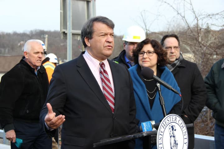 County Executive George Latimer and spoke during a news conference at the Ashford Avenue Bridge, where the northbound ramp reopened to the Saw Mill River Parkway in February.