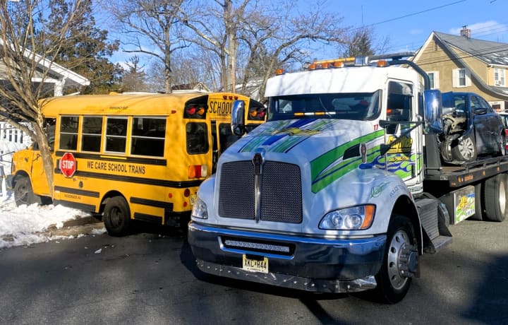 No children were aboard a mini school bus that was broadsided by a sedan at the corner of Kenilworth and Laurel roads in Ridgewood early Friday, Feb. 16.