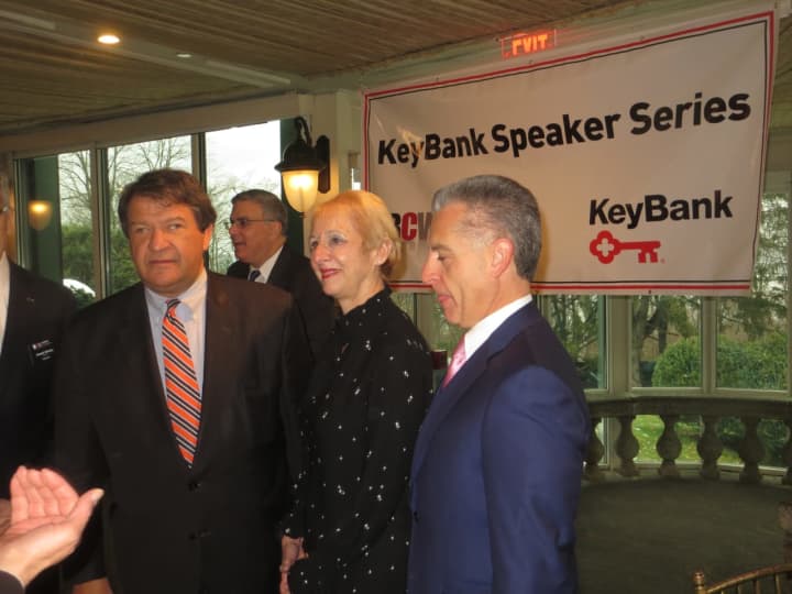 Westchester County Executive George Latimer mingles with guests last month before a breakfast speech to the Business Council of Westchester. Marsha Gordon, president and chief executive officer of the BCW introduced the Rye Democrat.
