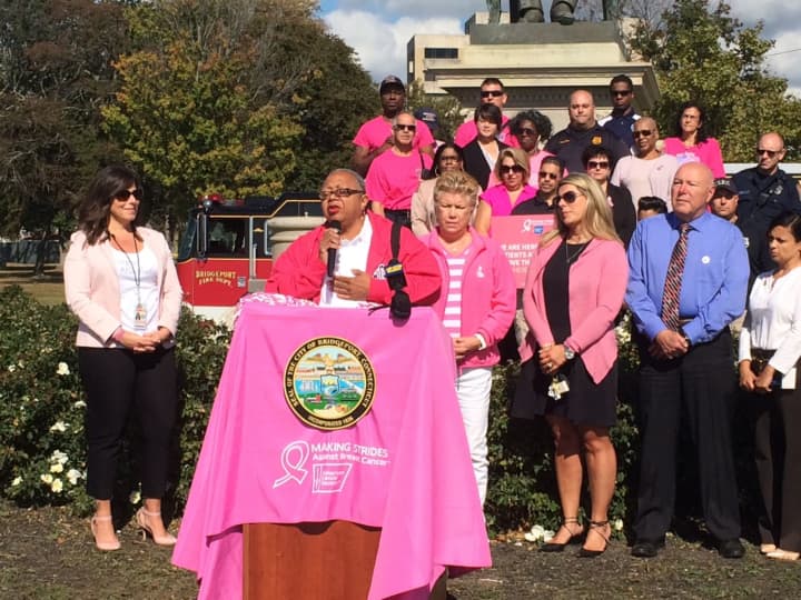 Bridgeport City Council member Denise Taylor-Moye tells about her battle with breast cancer and encourages others to participate in the 2nd annual Making Strides Against Breast Cancer walk.