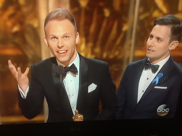 Justin Paul, left, with Benji Pasek, at their Oscar win for &quot;La La Land.&quot;