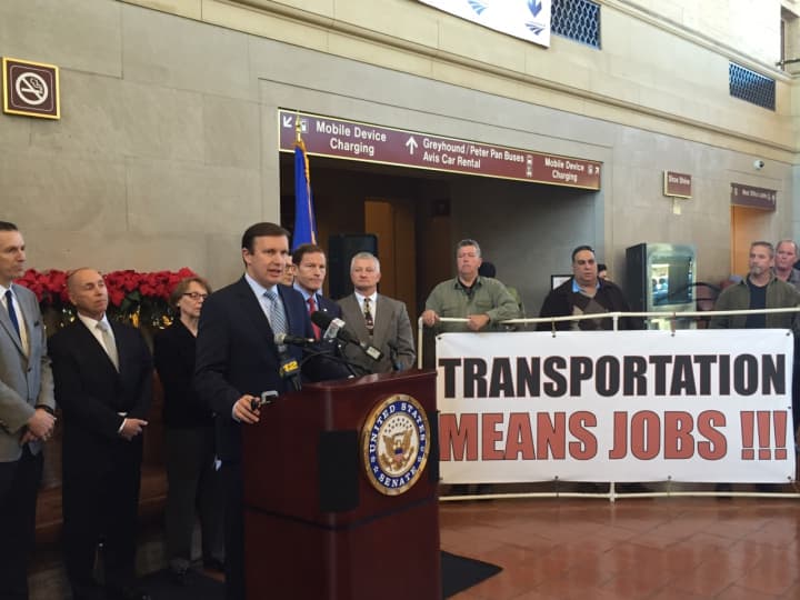 U.S. Sen. Chris Murphy announces federal funds for transportation on Friday at the New Haven train station.