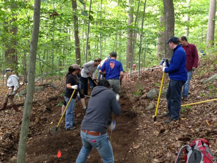 Volunteers from the previous NRWA trail-building event in September 2016 working at Quarry Head Park, Wilton.