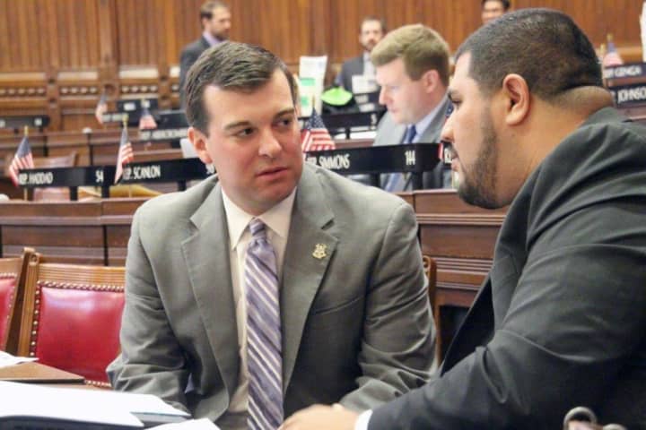 State Reps. Steve Stafstrom and Chris Rosario of Bridgeport discuss bills in the waning days of the 2016 General Assembly session.