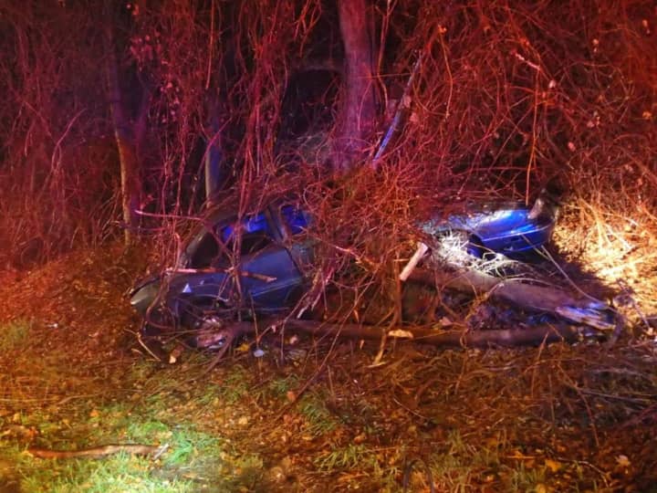 No one was injured when a car went off Interstate 95 and crashed in the woods in Westport on Tuesday night.