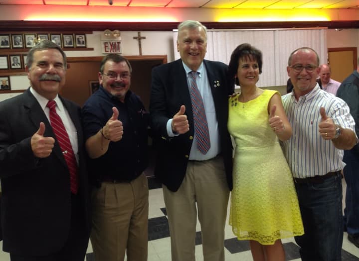 The Ridgefield Park incumbents celebrate their victory at the Knights of Columbus.