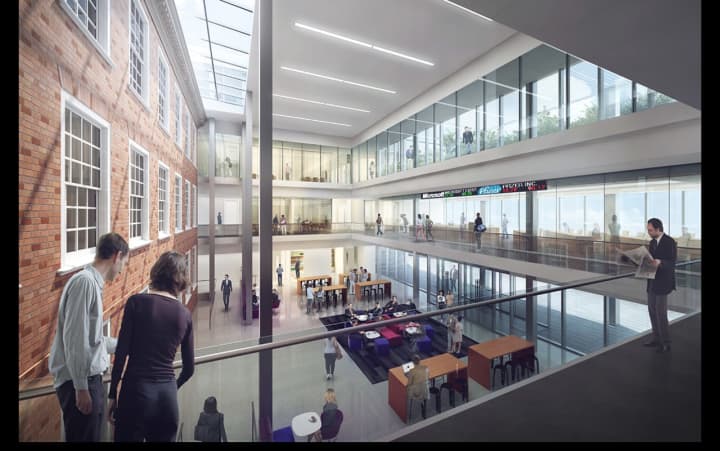 The Grand Hall at Iona&#x27;s new business school will provide a venue for large gatherings at the New Rochelle college. The glass atrium will enclose the present Hagan Hall.