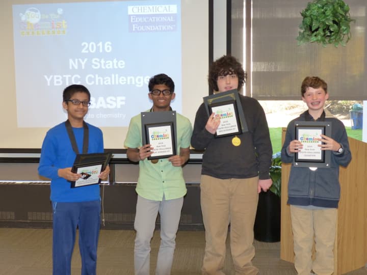 Henry Demarest of Irvington Middle School (far right) won the state You Be The Chemist Challenge recently.