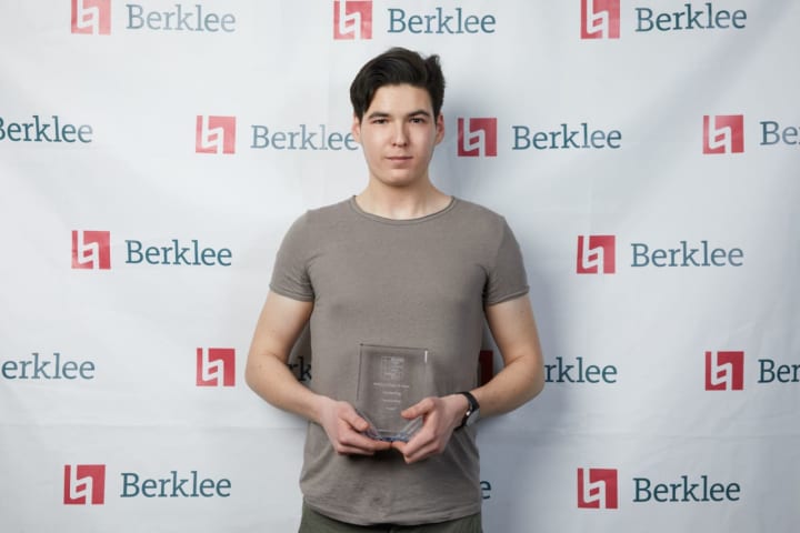 John Jay High School student Neal LaPolla poses with an award that he won at Berklee College of Music&#x27;s jazz festival in Boston.