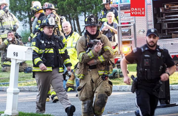 Firefighters and police team up to rescue dog from fire on Deer Trail Road off Ruckman Avenue in Hillsdale at the Woodcliff Lake border on Saturday, May 17.