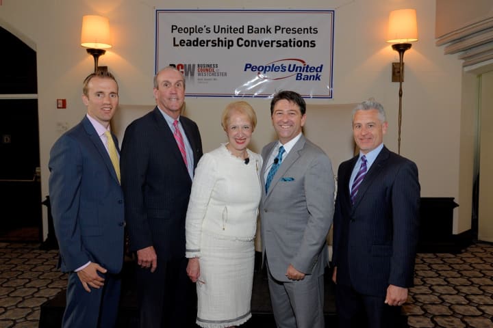 From left, Joseph McCoy, region manager of commercial lending at People’s United Bank; Deputy County Executive Kevin Plunkett; Business Council President and CEO Marsha Gordon; Million Air President/CEO Roger Woolsey and BCW Chairman Anthony Justic.