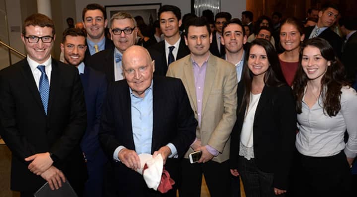 Jack Welch, former CEO of General Electric, meets with students from the College of Business at Sacred Heart University in Fairfield.