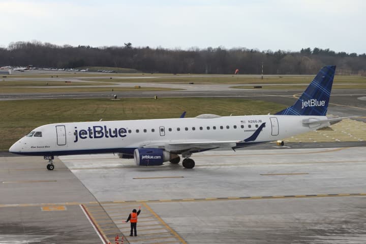 A JetBlue plane at Westchester County Airport.&nbsp;