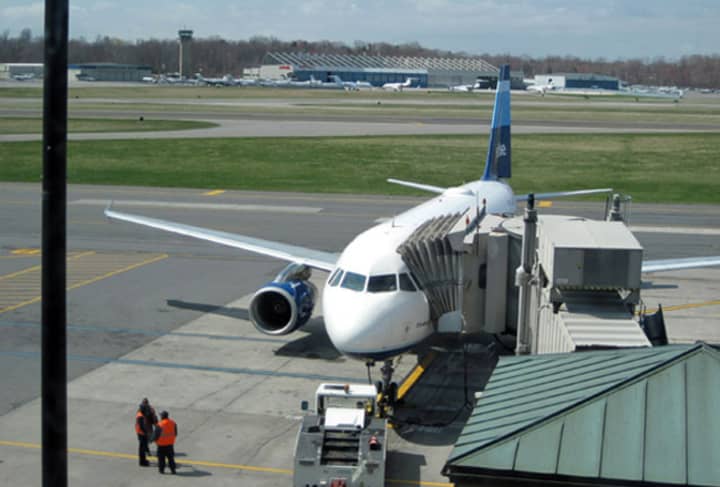 A Jet Blue flight at Westchester County Airport was delayed after baggage handlers noticed a white, powdery substance.