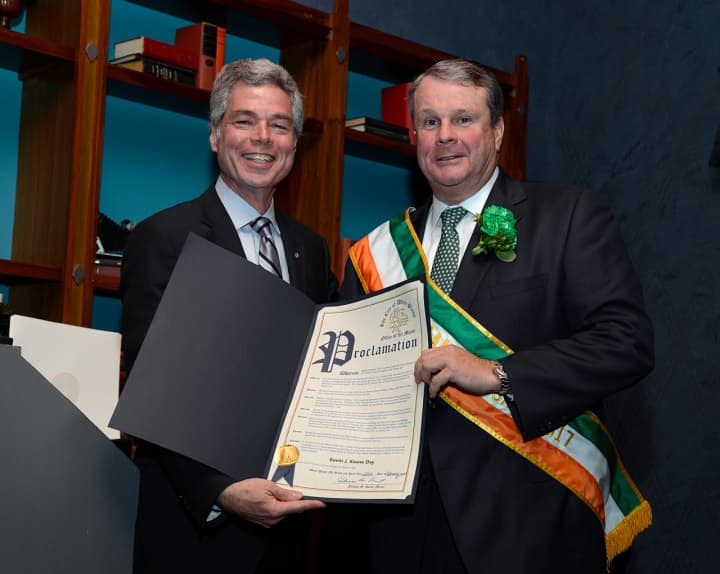 Kevin J. Keane, right, and White Plains Mayor Thomas Roach who presented Keane with a city proclamation as Grand Marshal of the 20th Annual St. Patrick&#x27;s Day Parade. Regardless of Friday&#x27;s snowfall, Saturday&#x27;s parade will step off at noon.