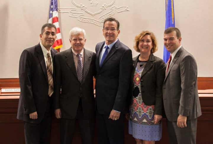 After the bond approval, from left: Rep. Ezequiel Santiago, Klein&#x27;s Executive Director Laurence A. Caso, Gov. Dannel P. Malloy, Klein&#x27;s Development Director Diane Generous, and Rep. Steve Stafstrom.