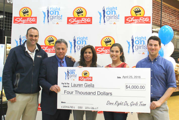 (from left) Lawrence, Larry and Marie Inserra, of the ShopRite of Ramsey; Lauren Giella, New Jersey&#x27;s Right On, Girls grand-prize winner; and Eric Gentile, Unilever/Dove representative