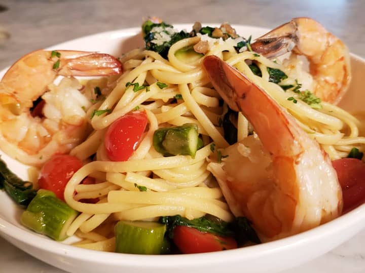 Linguini Colasacco with shrimp, asparagus, baby spinach, grape tomatoes, crushed red pepper and EVOO from Forza Ristorante, newly opened at 3171 Fairfield Avenue in Bridgeport