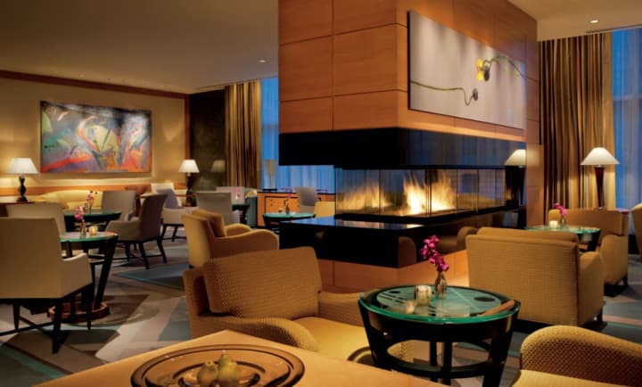 The flickering fireplace at The Lobby at the Ritz-Carlton in White Plains.