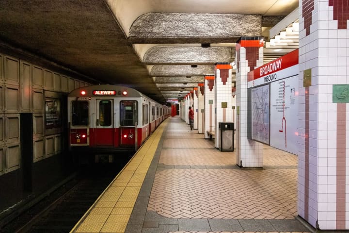 A train arrives at Broadway Station in Boston in 2021. Two girls said a man indecently assaulted them outside of this station in Dorchester earlier this month.