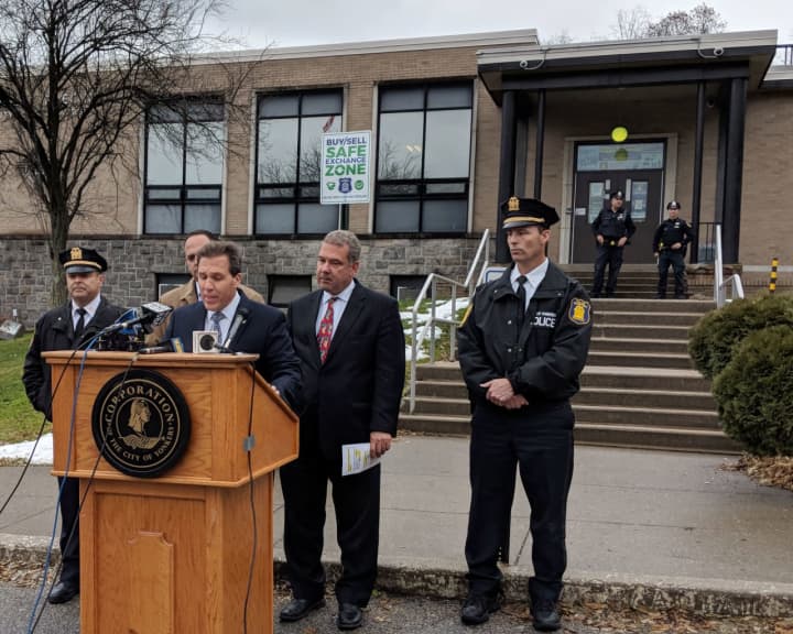 Yonkers Police Commissioner Charles Gardner and Mayor Mike Spano announcing the designation of Safe Exchange Zones.
