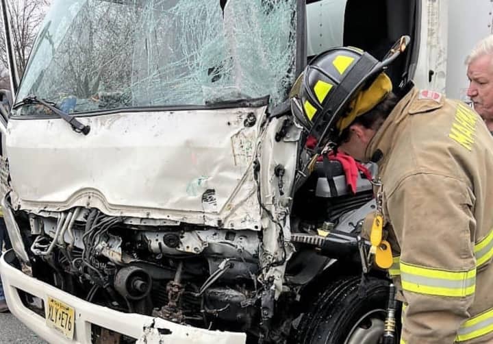 The members of Mahwah Res1cue, assisted by Companies 2 and 4, got the box truck driver out in under 15 minutes following the crash at Edison Road &amp; Leighton Place in Mahwah early Thursday, Feb. 23.