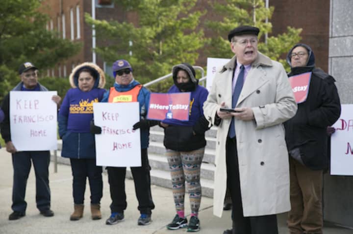 Stamford Mayor David Martin at a rally in December, declared a snow emergency in his city on Tuesday in anticipation of this month&#x27;s fourth major nor-easter.