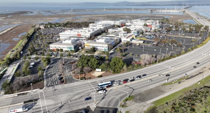 An aerial view of Meta&#x27;s main headquarters in Menlo Park, California, in the San Francisco Bay area.