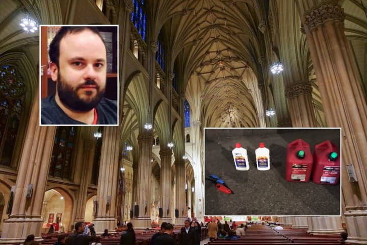 Police displayed the items that Marc Lamparello was caught carrying when they said he tried to enter St. Patrick&#x27;s Cathedral.