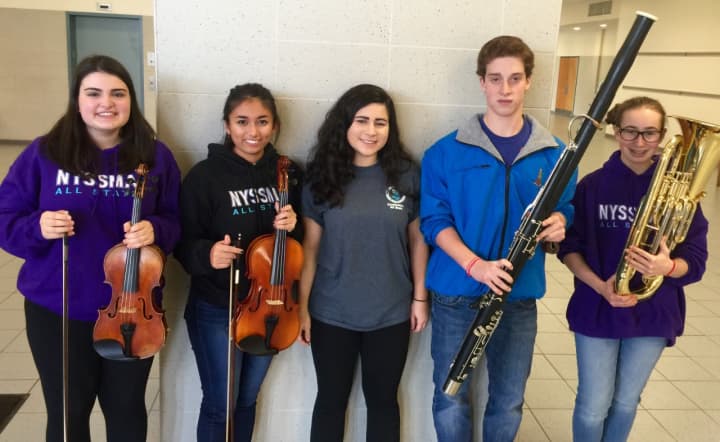 Selected to perform in the 2015 state School Music Association Winter Conference last week, from left, were: Meredith Abato on violin; Sarah Samaranayake, viola; Isabelle Levine, soprano; Jacob Brady, bassoon; and Elana Hausknecht, euphonium.