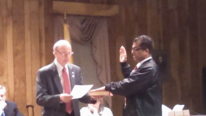 Demarest&#x27;s newest councilman, Joseph Connolly, took the oath of office Monday night. He was sworn in by Mayor Ray Czwinski, left. 