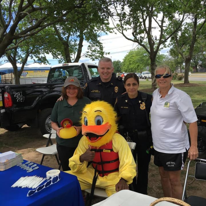 From left to right: Doreen Miner from Stew Leonard III Children&#x27;s Charities, Lt. Terry Blake and Sgt. Sofia Gulino of the Norwalk Police Department, and City of Norwalk Aquatics Director Pam Raila at Saturday&#x27;s Water Safety Day at Calf Pasture Beach.