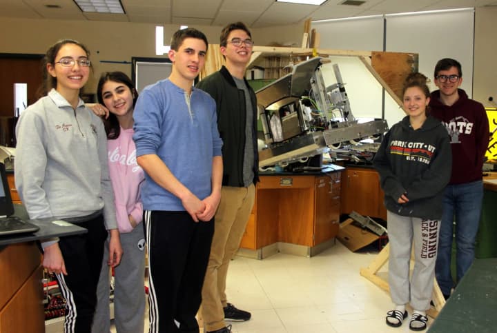 Among the members of the Ossining O-Bots are, l-r: Florencia DeArmas, Romina Gamarra, Nicholas Tremaroli, Alex Walsh, Mia Gunn, and Trey Usher. The high school robotics team recently qualified to enter an international competition this spring.