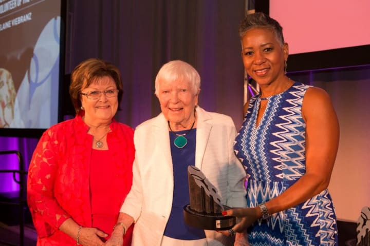 Left to right: Nancy Alfano (Chair of the USTA Awards Committee), Elaine Viebranz (League Volunteer Award recipient) and Katrina Adams (USTA CEO and President) 