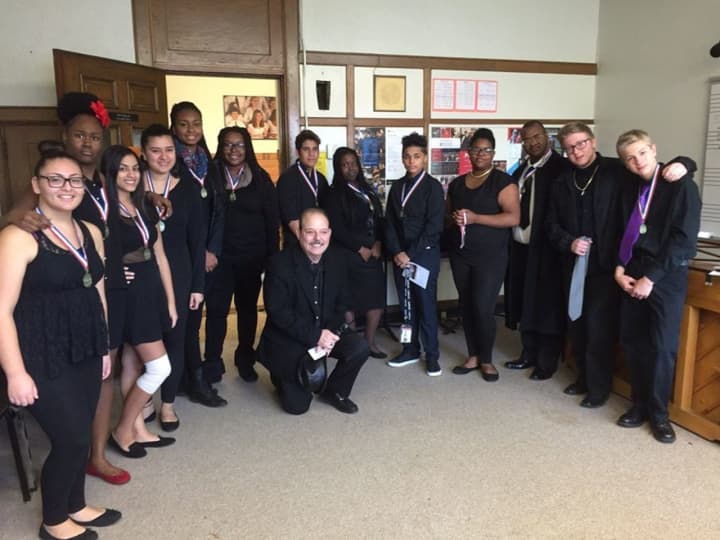 Peekskill’s students with the medals they received after performing at the festival.