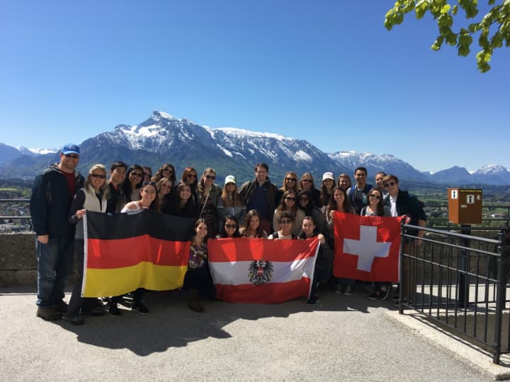 PVHS students poses atop the Fortress Hohensalzburg in Salzburg, Austria, one of their stops during a science-themed spring break trip to Switzerland, Austria and Germany.