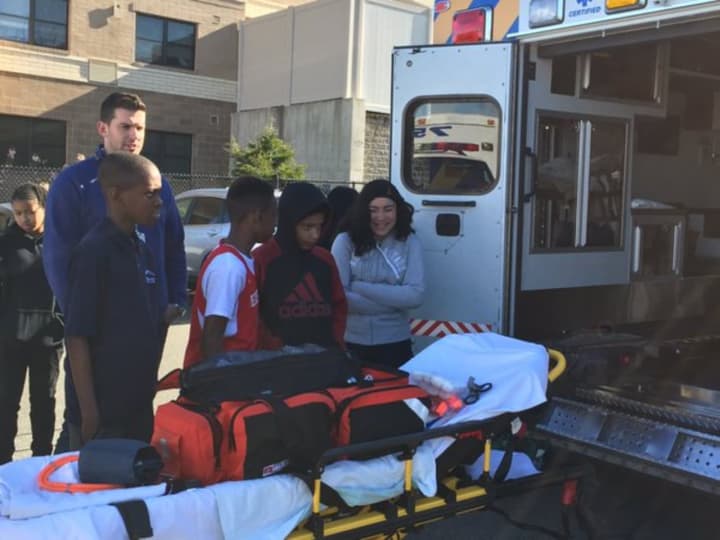 Peekskill EMS workers give Peekskill Middle School students a demonstration on the middle-schoolers&#x27; recent career day visit.