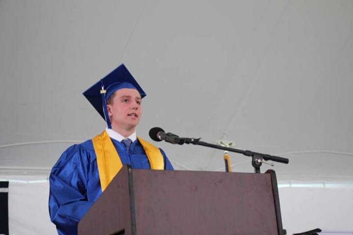 Pelham High School senior Matthew O&#x27;Neil reads his speech, titled &quot;Liberating, Exciting and Strange,&quot; at last month&#x27;s graduation ceremony.