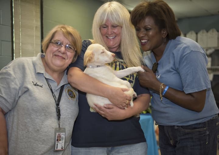 Bergen County Animal &amp; Adoption Center Director Deborah Yankow, Laura Rammelkamp with her newly adopted puppy, and NBC4NY’s Pat Battle.