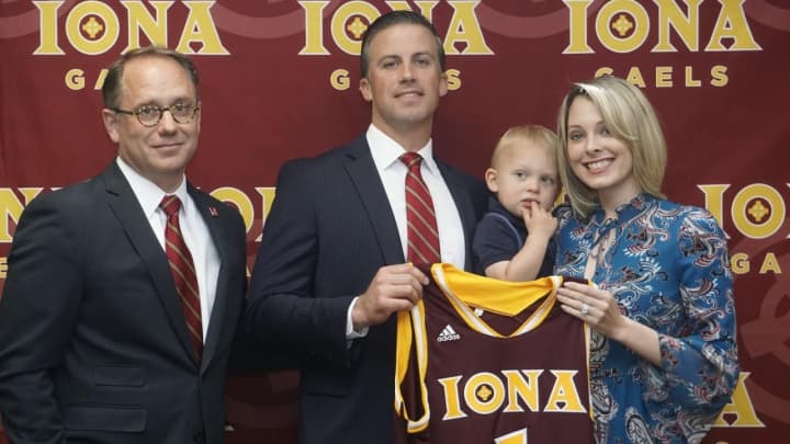 Iona College President Joseph Nyre, new Athletic Director Matt Glovaski and his wife Christy and son Thomas.