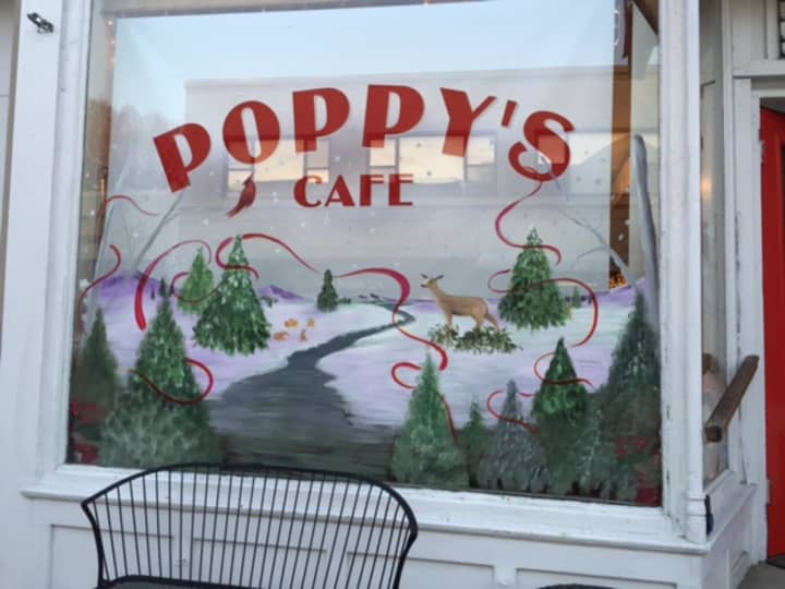 The holiday storefront at Poppy&#x27;s Cafe, 27 Purchase St. in Rye.