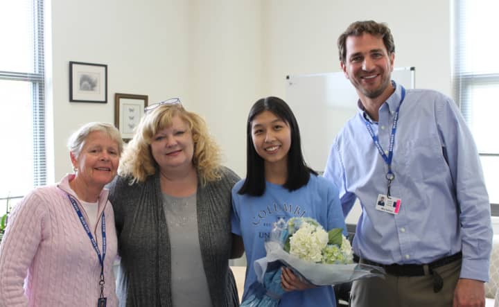 Congratulating Katie Tsui is (from left,) School Counselor Kim Taylor, Darien High School Principal Ellen Dunn, Katie Tsui and Assistant Principal Mike Sullivan.