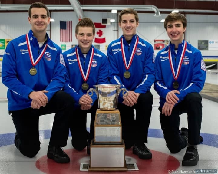 Andrew Stopera, far left, and his curling team that won the national championship.