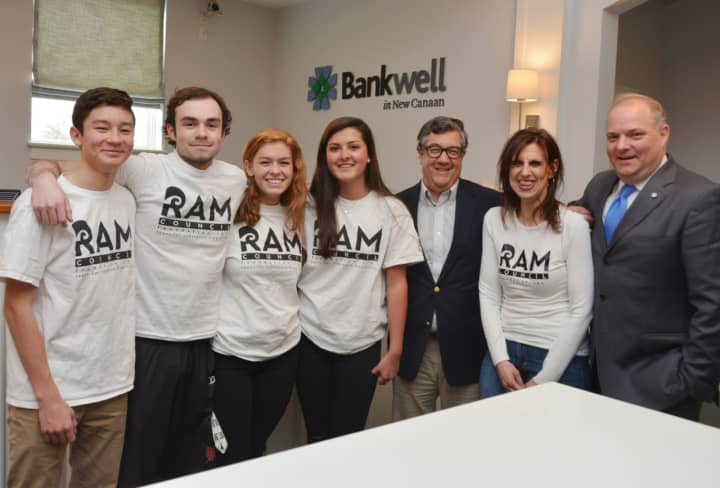 L to R: Henry Asker, Jack Reed, Lauren Thompson, Morgan Porter, New Canaan First Selectman Rob Mallozzi, Joyce Sixsmith, President of Ram Council Foundation and Peter Olson, Bankwell in New Canaan Branch Manager.