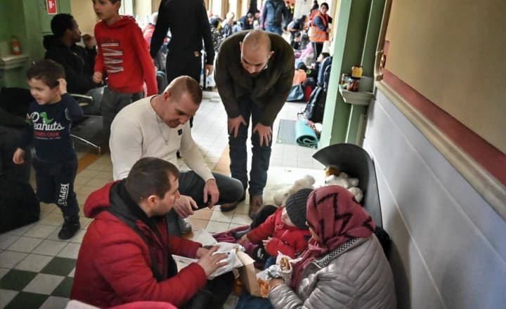 Ukrainian refugees at a care center in Poland on Feb. 28, 2022.