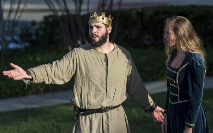 Patrick Robinson and Jordan Norkus, pictured in Sacred Heart University&#x27;s production of &quot;Macbeth,&quot; are up for regional acting awards from BroadwayWorld.com.
