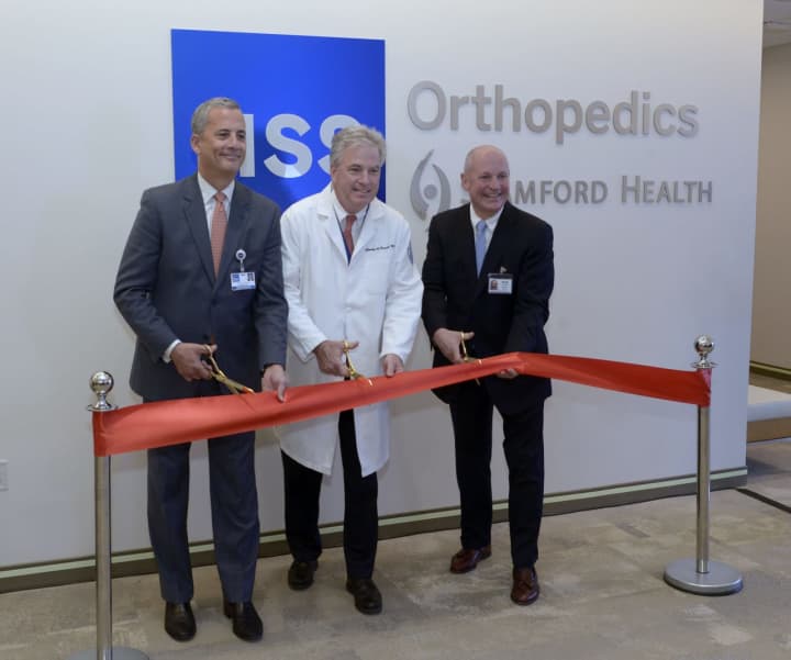 From left: Louis A. Shapiro, President and CEO of Hospital for Special Surgery; Dr. Charles “Chip” Cornell, Chair of the Department of Orthopedic Surgery at Stamford Health; and Brian G. Grissler, President and CEO, Stamford Health.