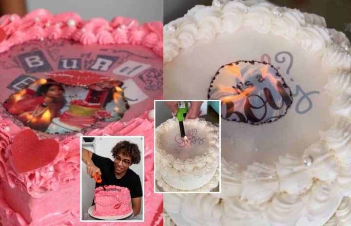 A "Mean Girls" themed burn-away cake by Justin Ellen and a gender reveal burn-away cake by Roxana's Cakes.
  
