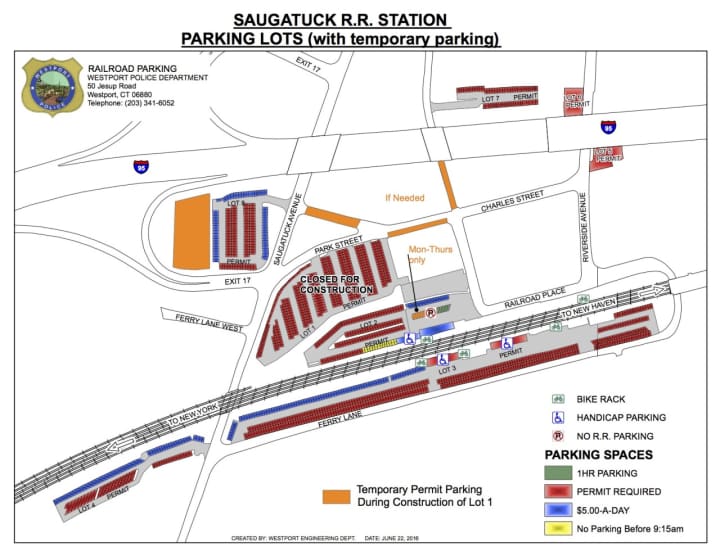 A map of the Saugatuck Train Station in Westport. Construction will begin at Lot 1 on Monday.