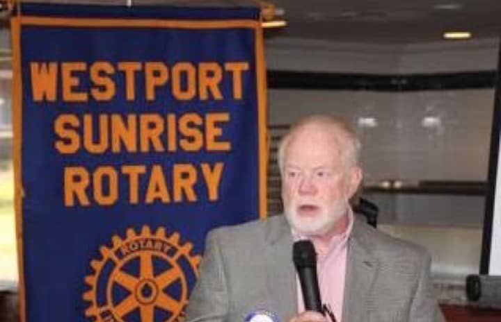 Bill Hass speaks before the Westport Sunrise Rotary.